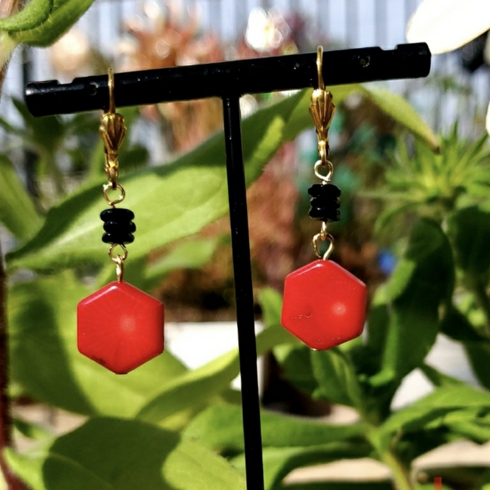 Coral and onyx earrings